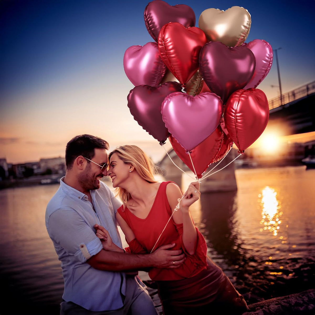 Wine Red Heart Balloons, 18 Inch 12 Pcs Burgundy Red and Pink Foil Heart Balloons Red and Rose Gold