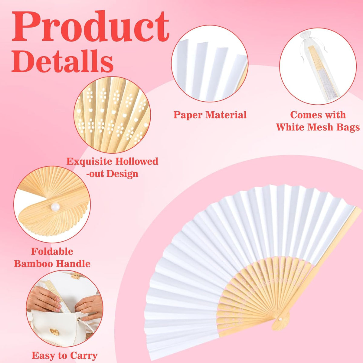 NEBURORA 12Pcs White Handheld Paper Fans 8.3 Inch Hand Held Bamboo Fans Foldable for Wedding