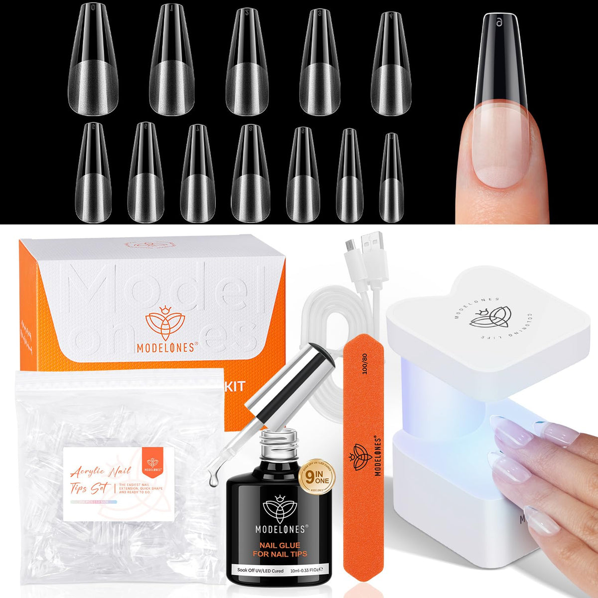 modelones Long Coffin Gel Nail Tips Kit, 9-in-One Nail Glue with Portable U V Lamp 216Pcs 12Sizes
