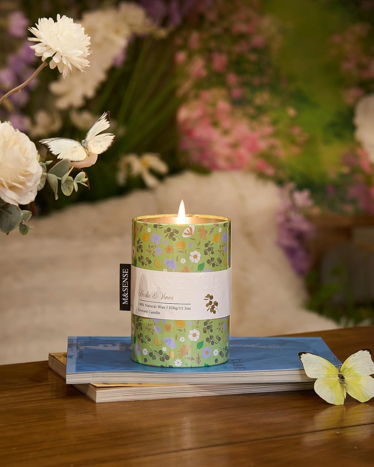 M&SENSE Herbs Vines Scented Candle, Medium Jar Candle 11.3oz Natural Soy Wax for Home Scented