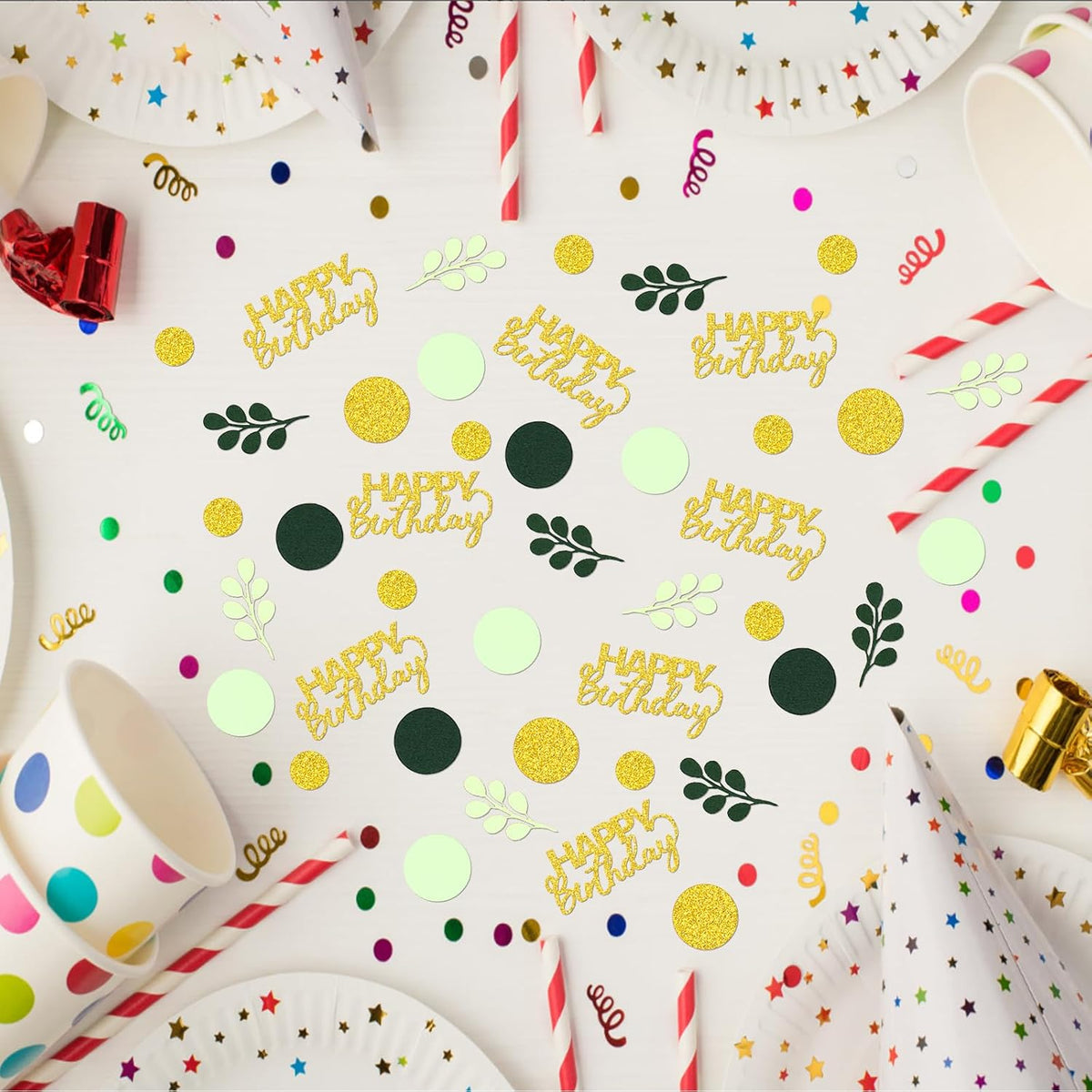 300PC Greenery Happy Birthday Confetti for Table Gold Glitter and Sage Green Birthday Party