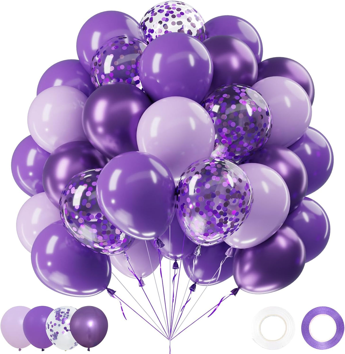 Netnology Purple Balloons Set, 60Pcs 12 Inch Lavender Purple Lilac Confetti Metallic Balloon Kit