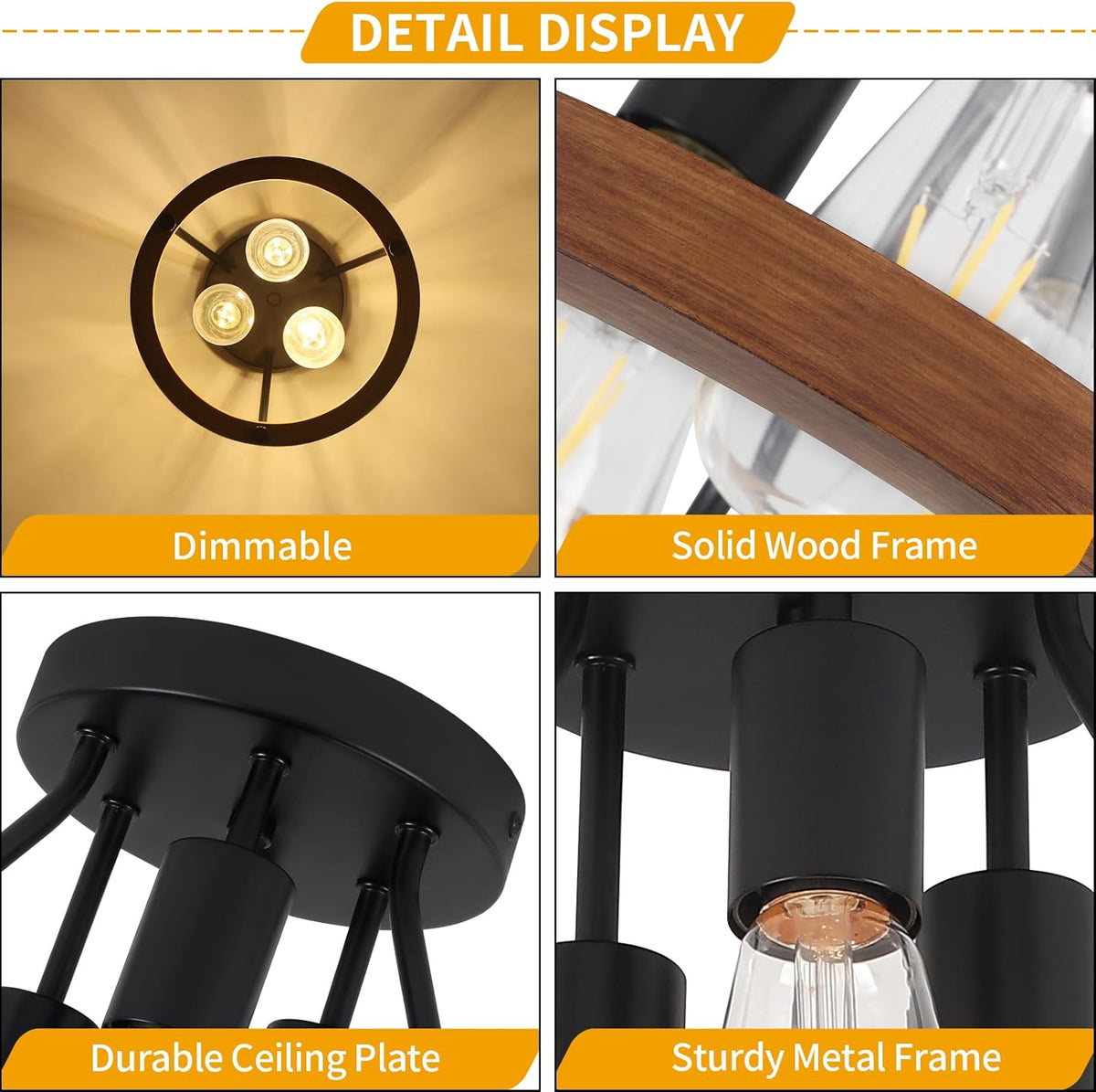 Modern Farmhouse Wood Semi Flush Mount Ceiling Light, Hallway Entryway Light Fixtures, 3-Light