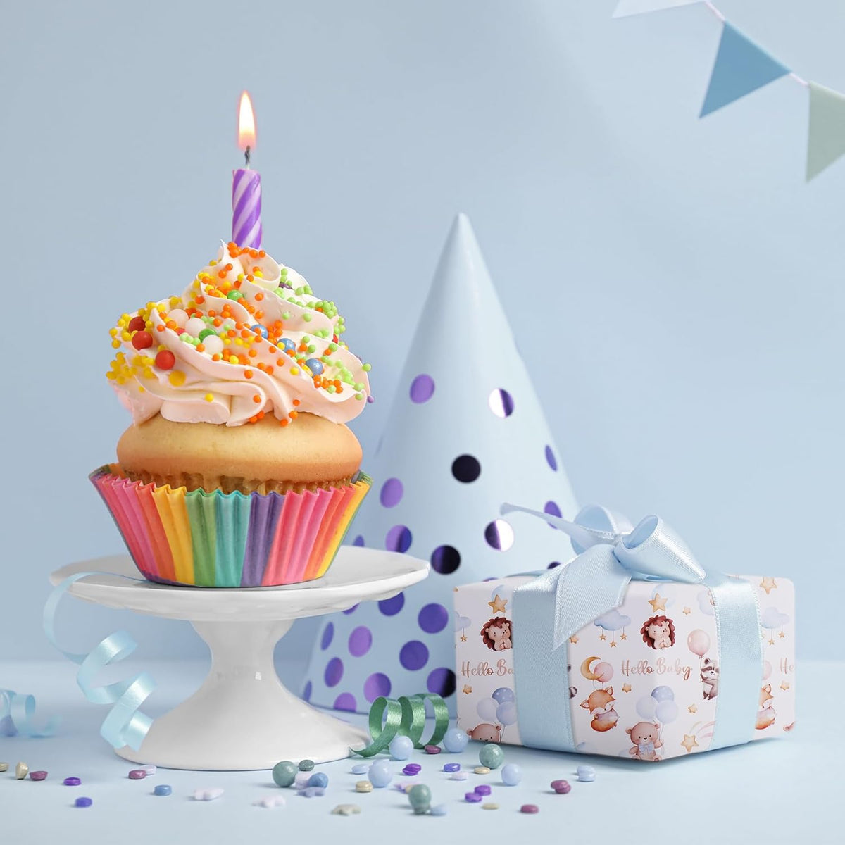 Aimyoo Baby Shower Wrapping Paper Roll - 17 Inch x 16.4 Feet - Cute Animal with Hello Baby Letter