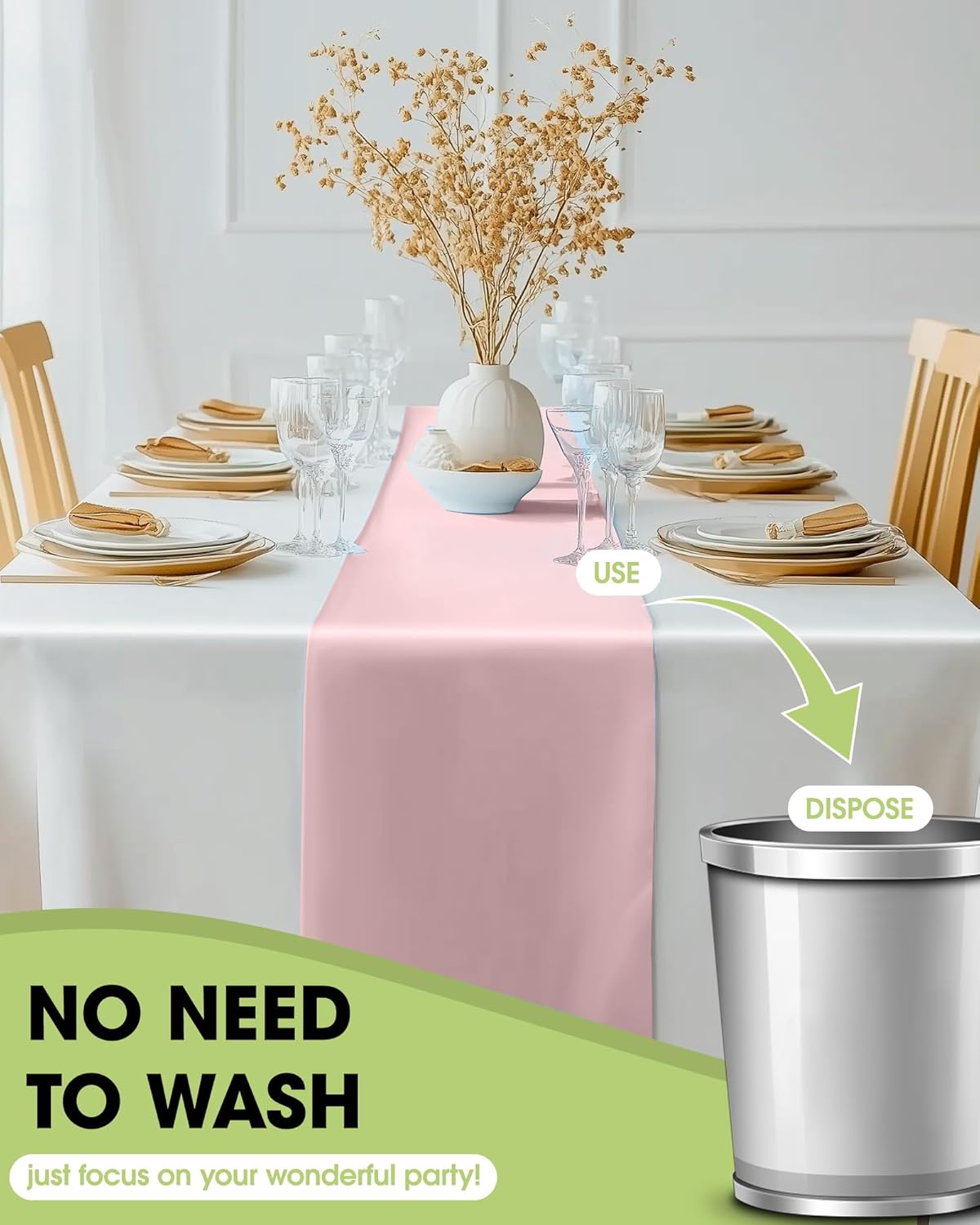 Pureegg Dusty Pink Plastic Table Runners - 10 Pack, 14'' x 108'', Water Resistant & Disposable
