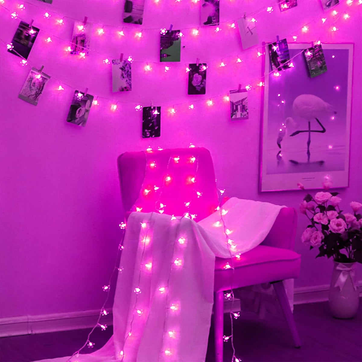 Hot Pink Aesthetic Flower Lights String Indoor Decorations, 33Ft 100 LED Decorative Tree Bedroom