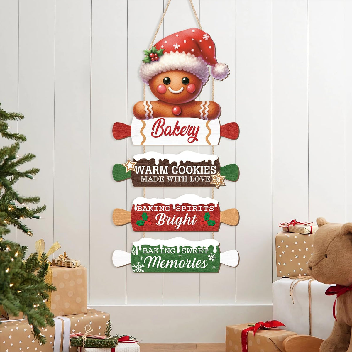 CHDITB Wooden Gingerbread Bakery Christmas Door Hanger, Rustic Christmas Wall Hanging Sign with