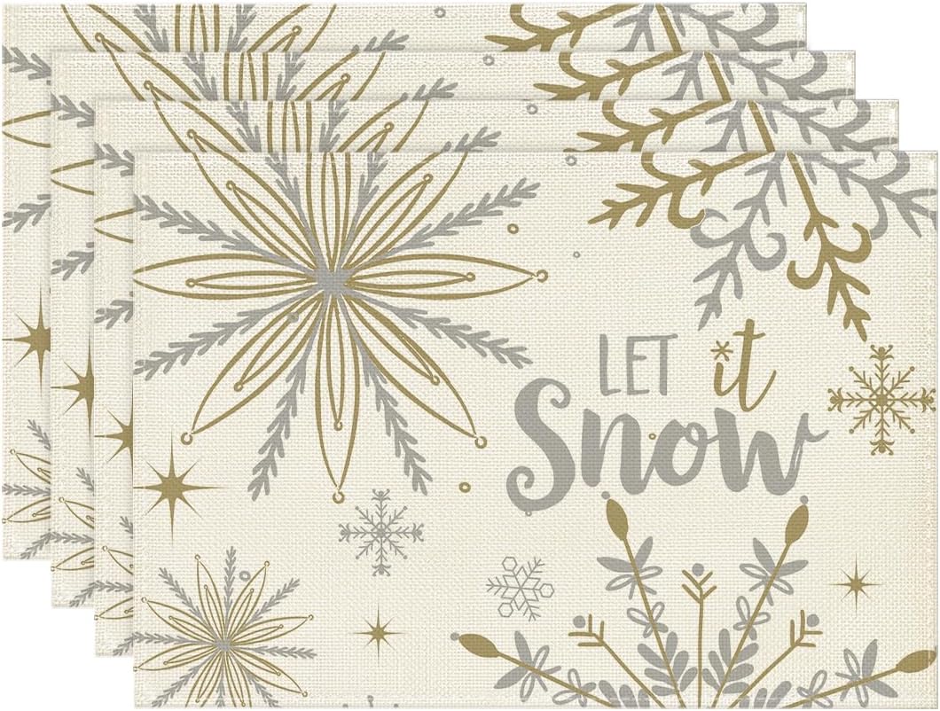 Artoid Mode Beige Snowflake Let It Snow Winter Placemats Set of 4, 12x18 Inch Seasonal Christmas