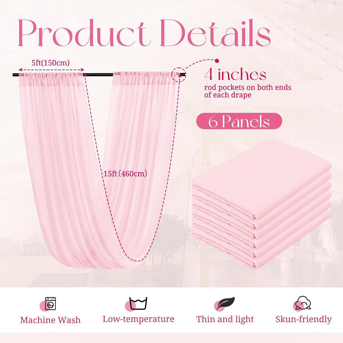 6 Panels Pink Ceiling Drapes for Wedding, 5ftx15ft Ceiling Drapes Cheesecloth Sheer Fabric Curtain
