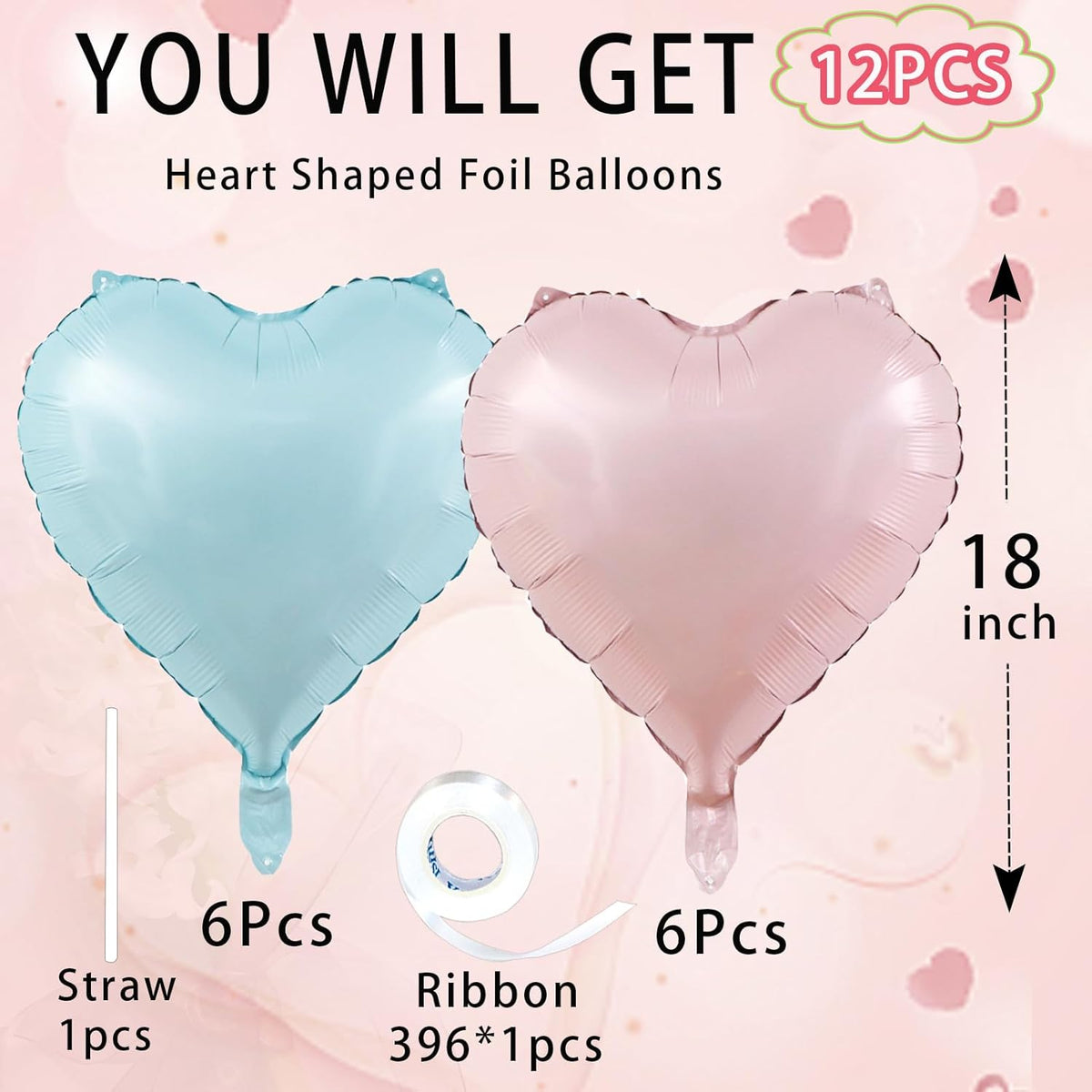 Blue Pink Heart Balloons,18inch Light Blue Heart Shaped Foil Balloons & Baby Pink Helium Mylar