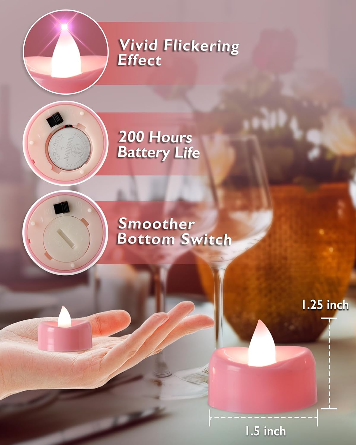 Raycare Pink LED Tea Lights Battery Operated, 200+Hour Flickering Votive Candles,Realistic Fake