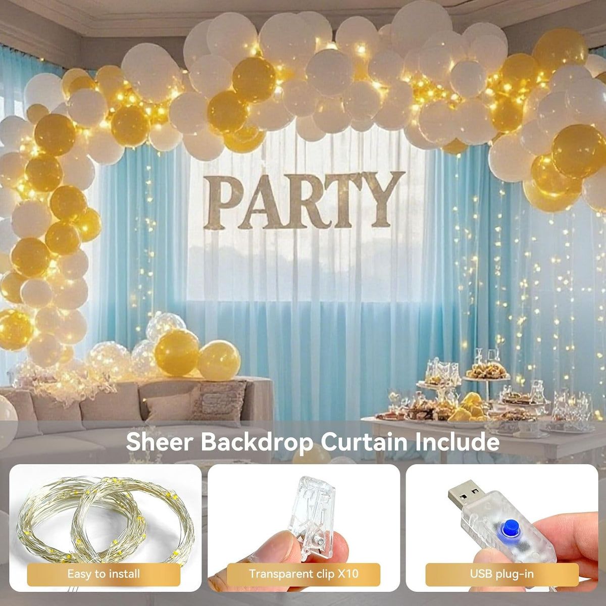 10×8ft Tulle Backdrop Curtains with Lights String - 300LED Fairy Lights Sheer Curtain Backdrop for