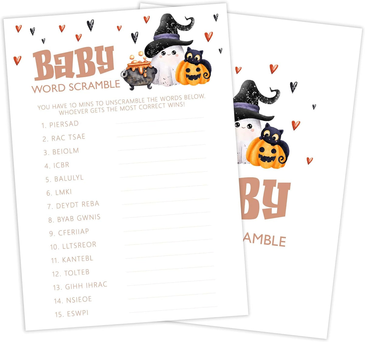 Baby Shower Games, Halloween Baby Word Scramble, 25 Double-Sided Game Cards + 1 Answer Card for