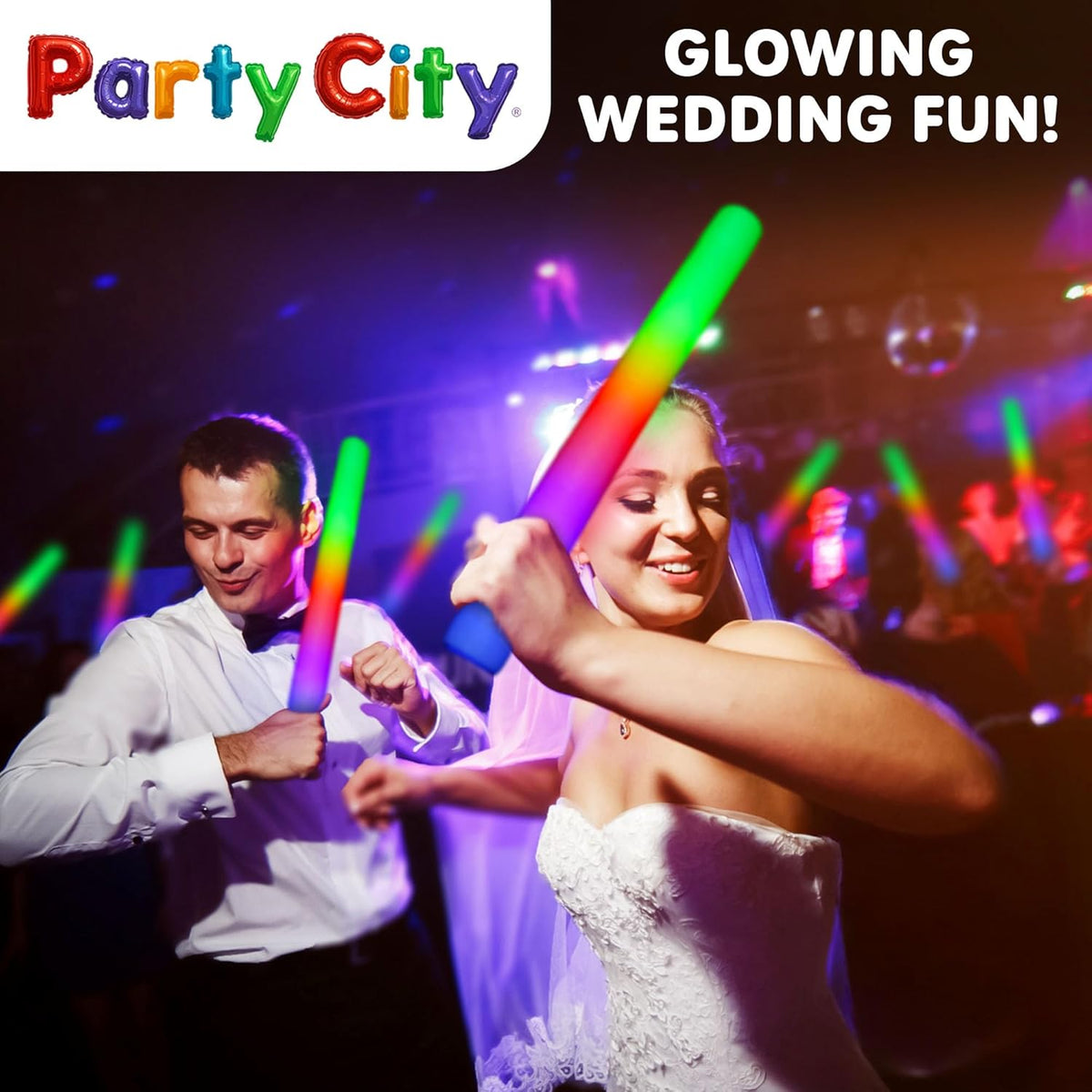 Party City 96pk LED Foam Glow Sticks 14”- Glow in the Dark Party Supplies Favors, Colorful Flashing