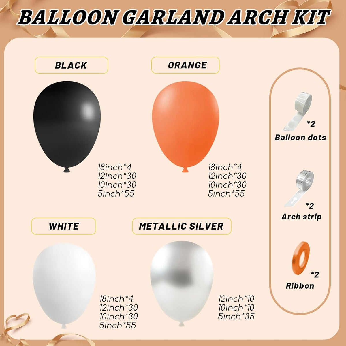 412Pcs Orange and Black Balloon Arch Kit, 18 12 10 5 Inch Different Size Orange Black White