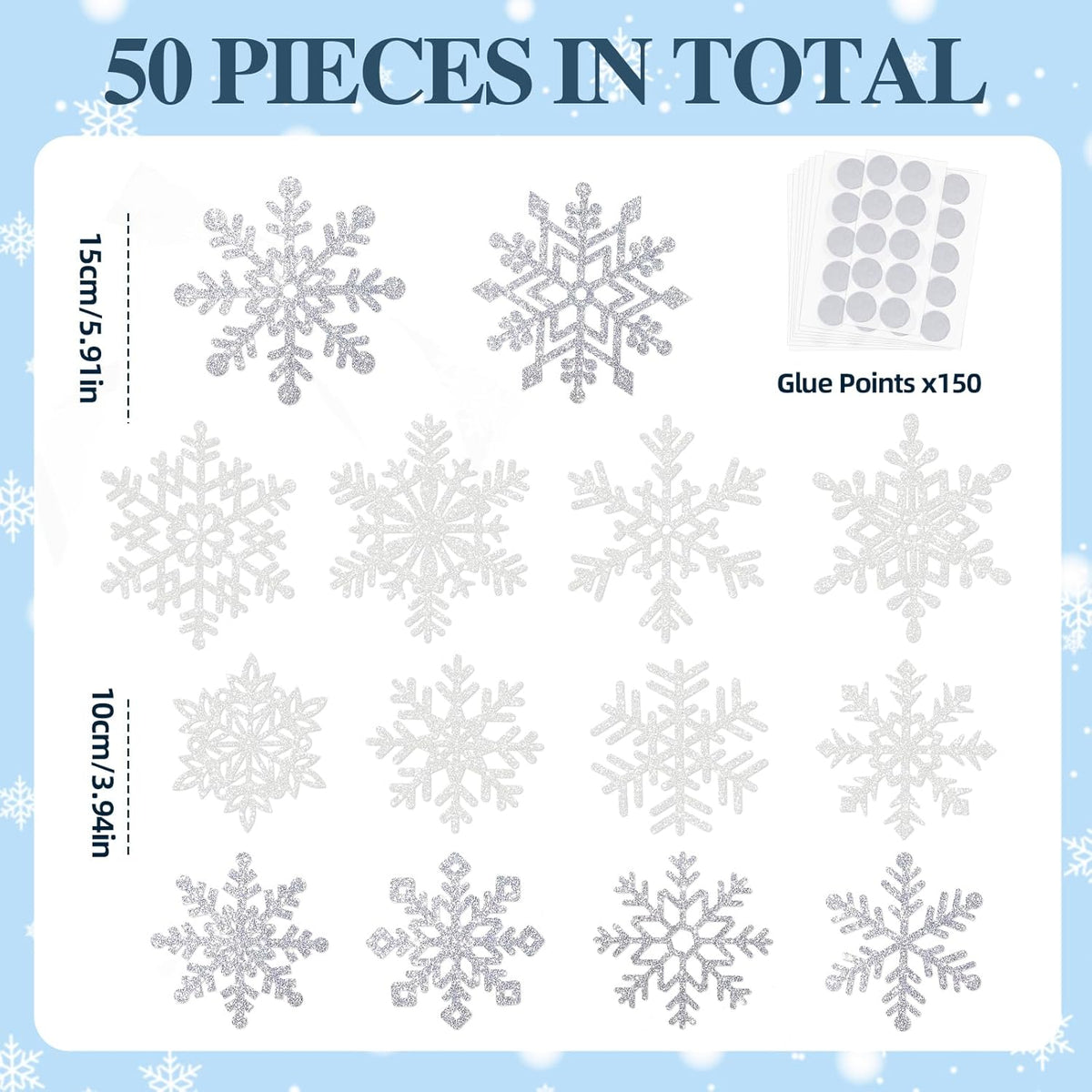 Winter Snowflake Cutouts - Glitter Paper Snowflake Decorations - 50Pcs White & Silver Double-Side
