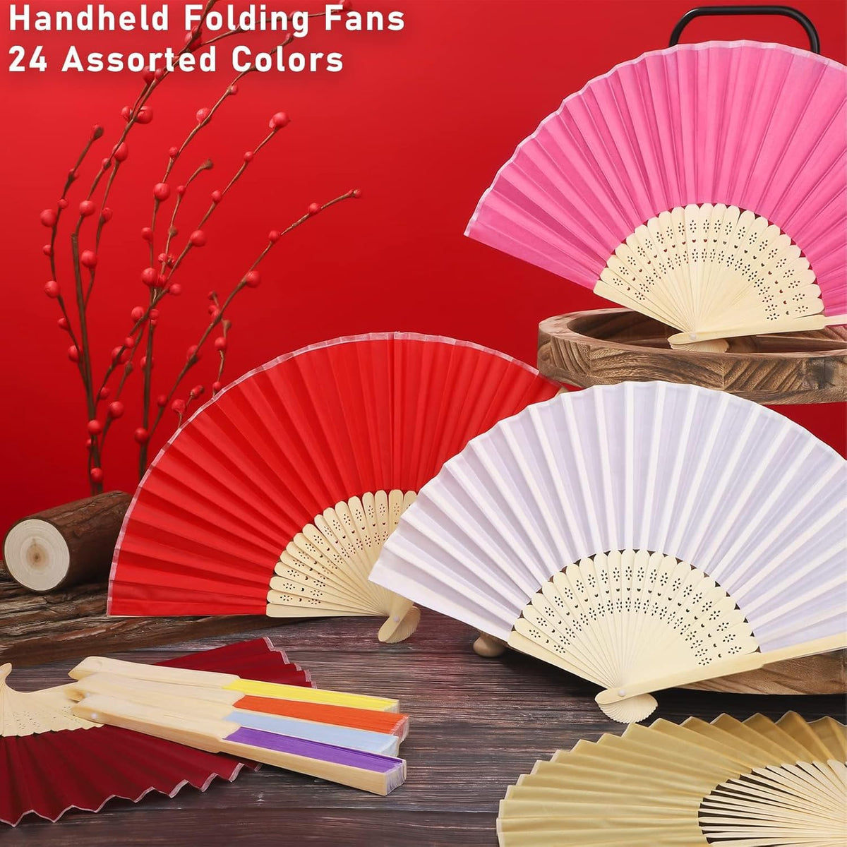 URATOT 24 Pieces Folding Fans Silk Bamboo Folding Fans Handheld Fans for Wedding, Party Decoration