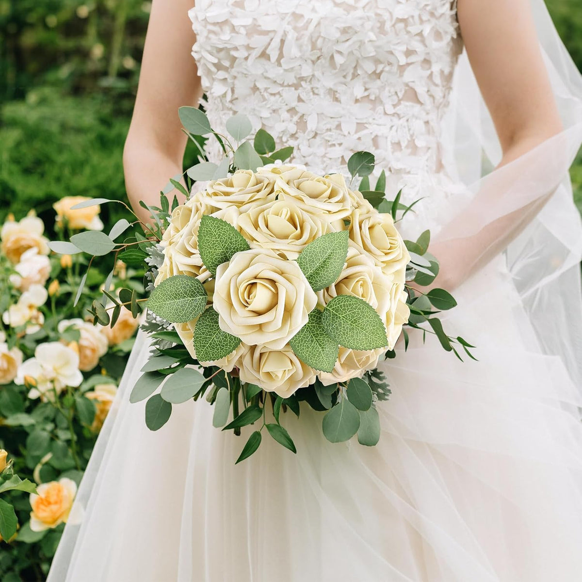 AmyHomie 25pcs Real Looking Artificial Beige Roses w/Stem for DIY Wedding Bouquets Centerpieces