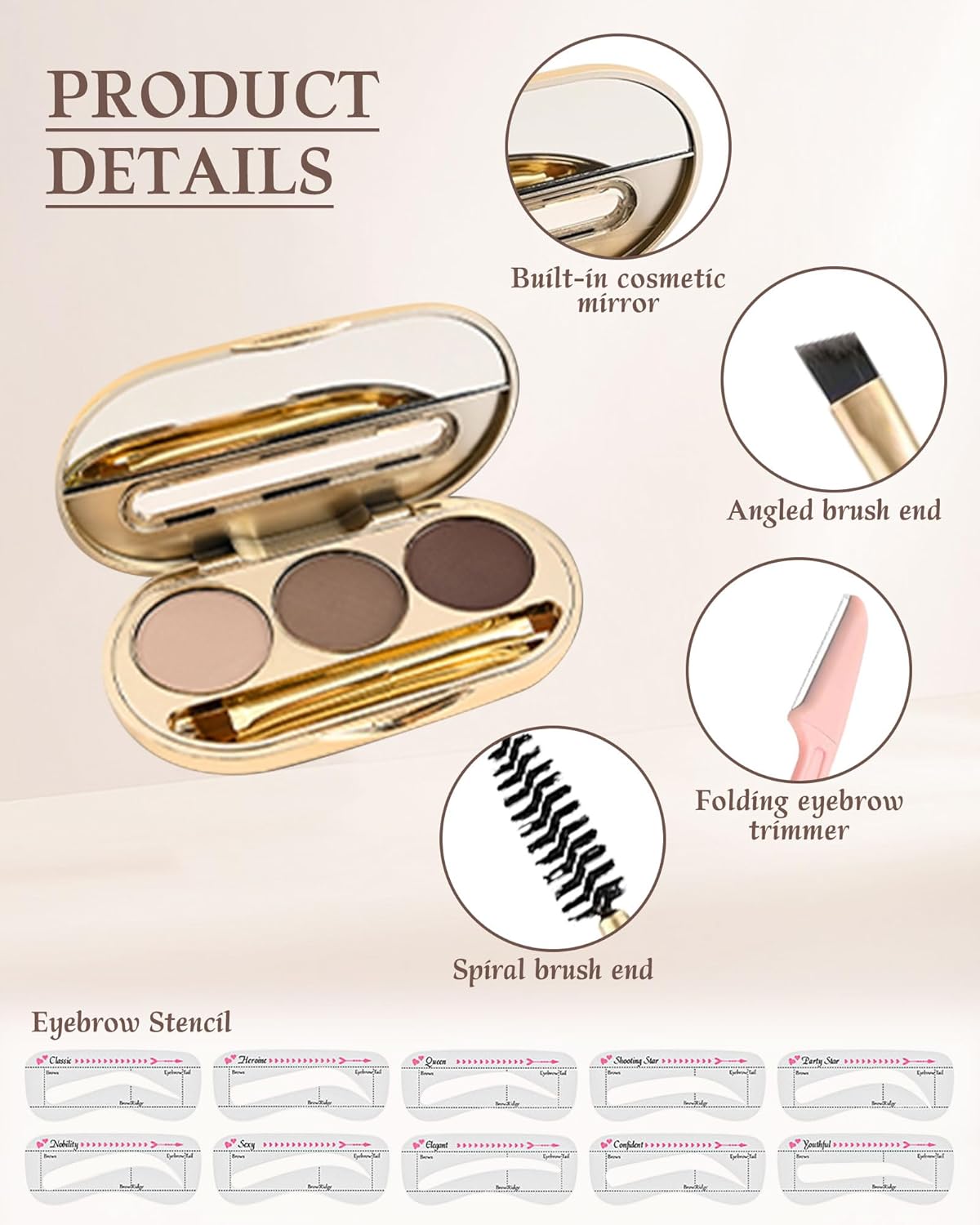 Waterproof Eyebrow Powder Kit - 3 Colors Long-Lasting Brow Powder Palette with Brush Razor &