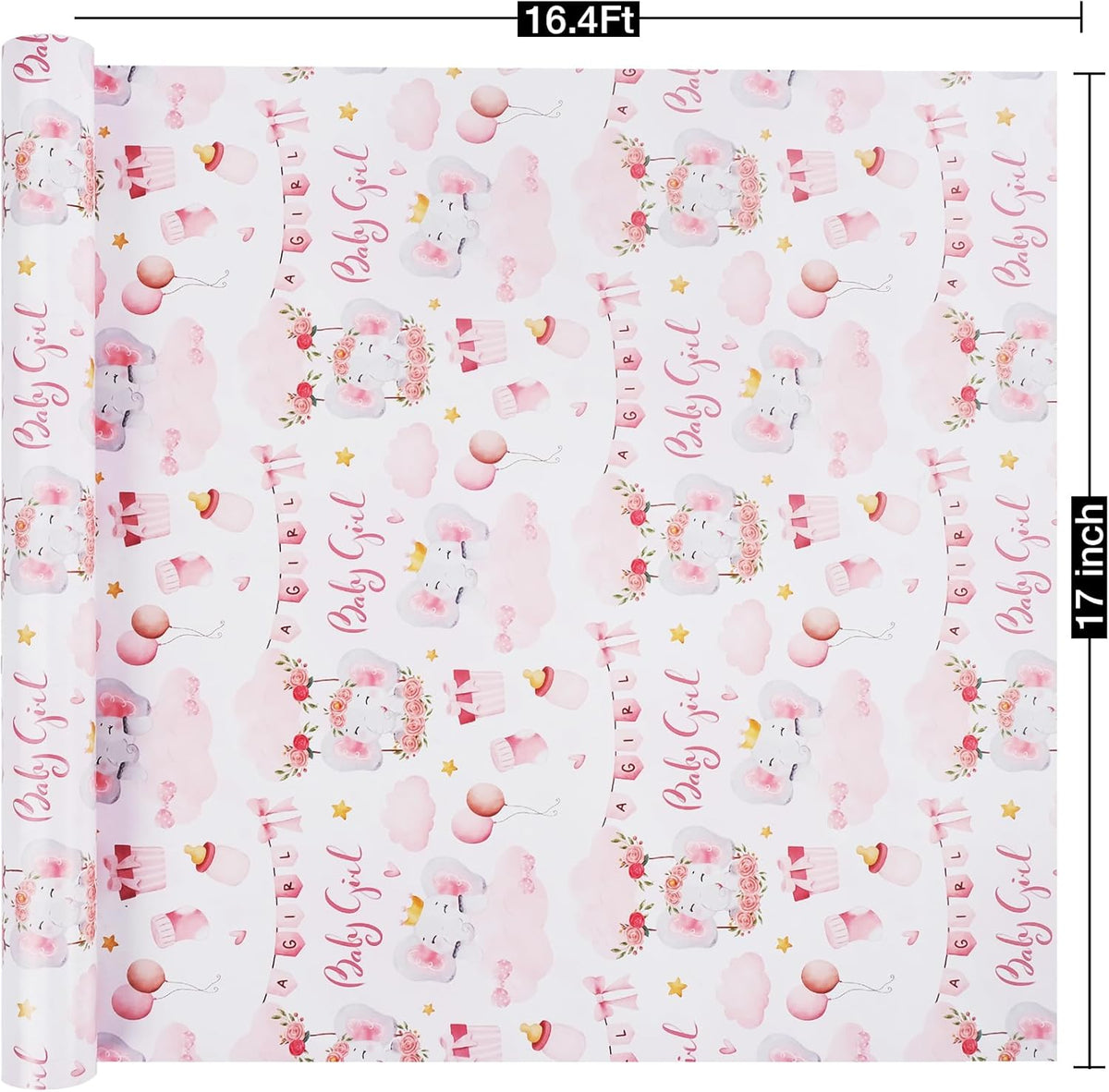 Aimyoo Pink Baby Shower Wrapping Paper Roll - 17 Inch X 16.5 Feet - Cute Elephant with Baby Girl