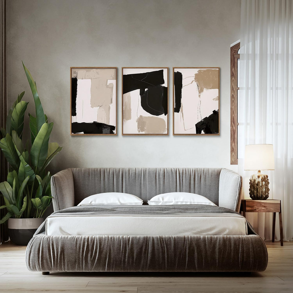 myusuar 3 Piece Large Modern Abstract Canvas Framed Wall Art For Living Room, Black And Beige