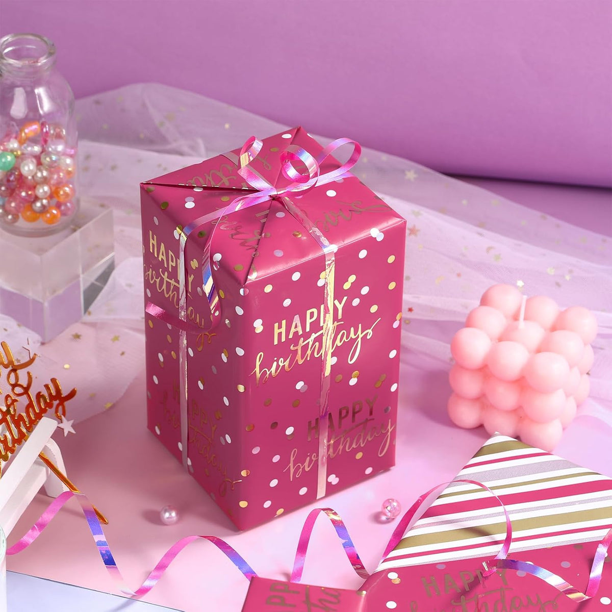 LeZakaa Reversible Pink Birthday Wrapping Paper Roll for Girls Women, Happy Birthday Lettering &