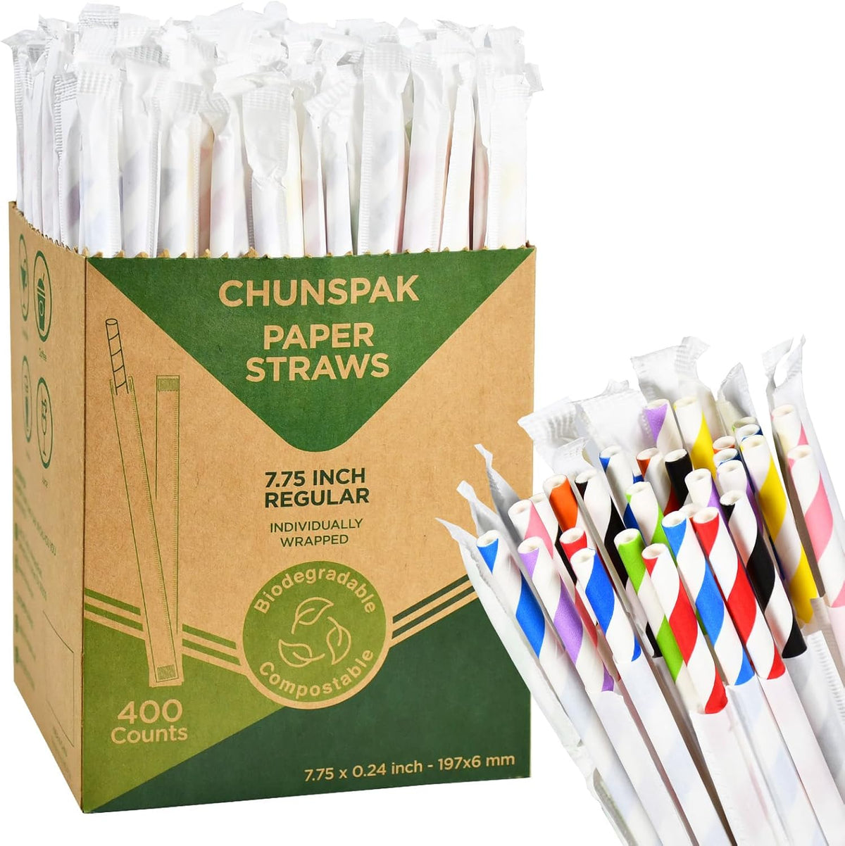 Individually Wrapped Disposable Paper Drinking Straws 7.75'' x 0.24'' - Colorful Stripes [400