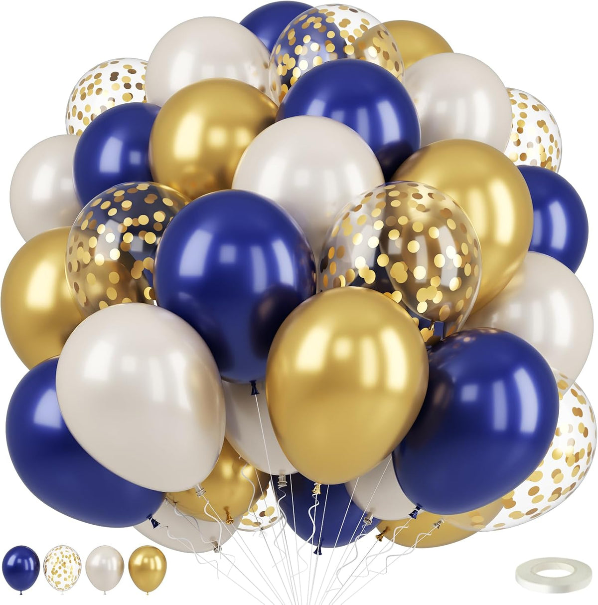 Navy Blue and Gold Balloons, 50pcs Pearl Navy Blue Double Stuffed Pearl White Sand Metallic Chrome