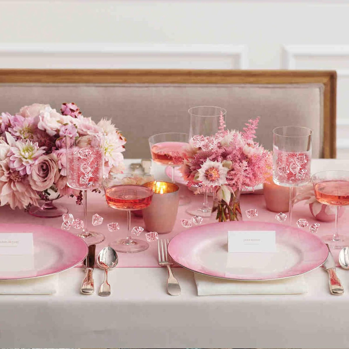HappyFiller 15 OZ Pink Faux Ice Rocks 170 PCS Fake Crystal Cubes Stones Acrylic Gem for Glass Vase