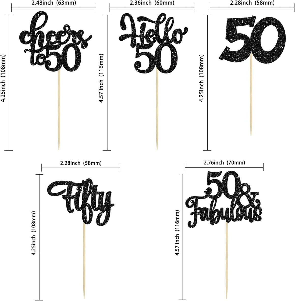 30Pcs Happy 50th Birthday Cupcake Toppers Black Glitter Fifty Cheers to 50 Years Old Birthday