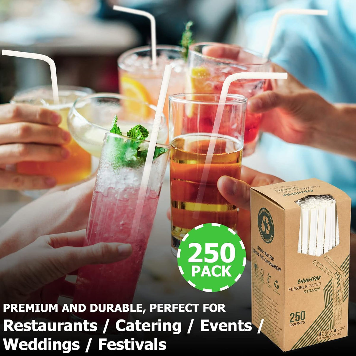 Bendable Paper Straws for Drinking, White, 7 3/4 inches, 250 Count - Great for Kids, Elderly, Home