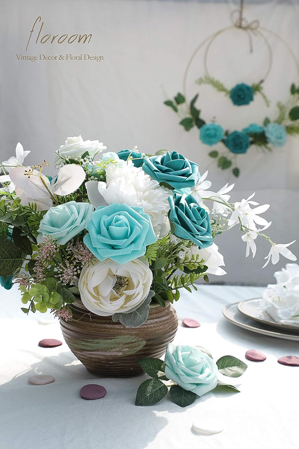 Floroom Artificial Flowers 25pcs Real Looking Green Ombre Colors Foam Fake Roses with Stems for DIY