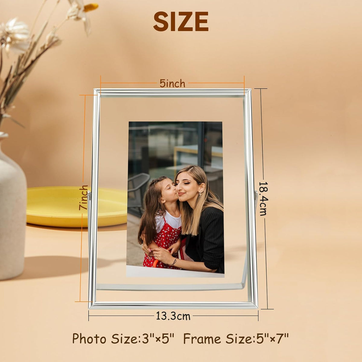 Silver Floating Frame (5"x7", Vertical), For Picture 4x6, 3.5x5, 2x3, Small Desktop Photo Frame