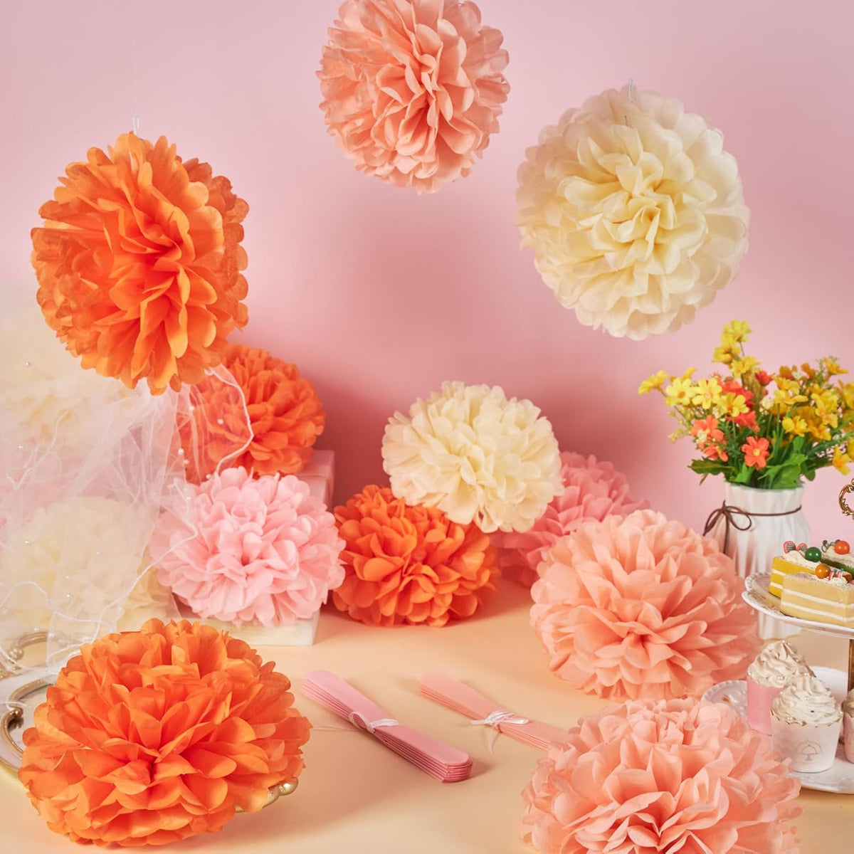 15Pcs Tissue Pom Poms Pink Orange Paper Flowers Hanging Decorations Orange Pink Flower Ball for