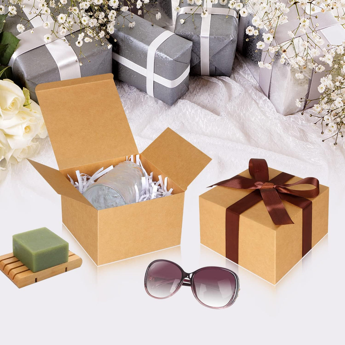 COTOPHER Small Gift Boxes 10 Pack 6x6x4 inches Brown Gift Boxes with Lids for Gifts, Crafting
