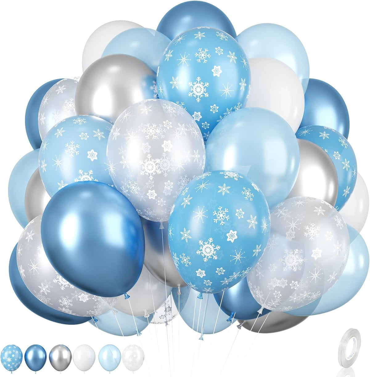 Snowflake Balloon, 12 Inch Ice Snow Blue White Balloons Pearl blue Metallic Blue Silver for Winter