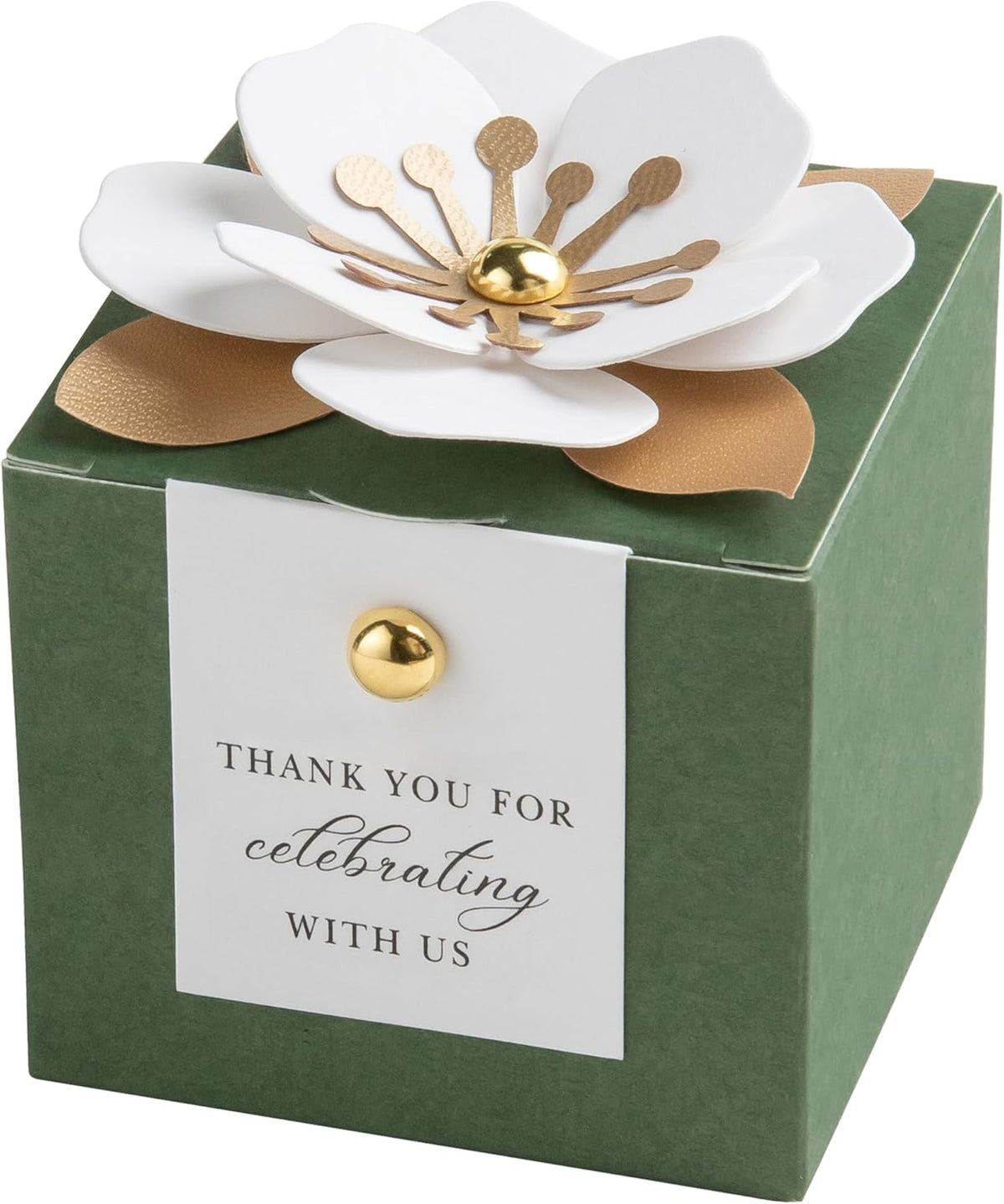 FEIYI 20 PCS Candy Boxes, 3 In 1 Olive Green Favor Boxes with Floral Decor, White Thank You Tags