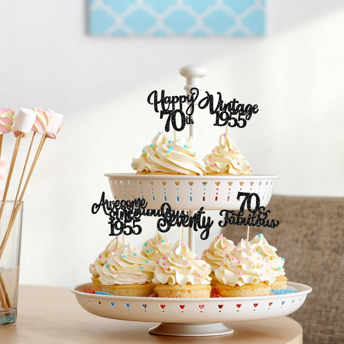 30Pcs Happy 70th Birthday Cupcake Toppers Glitter Seventy Vintage 1955 Cupcake Picks Cheers to 70