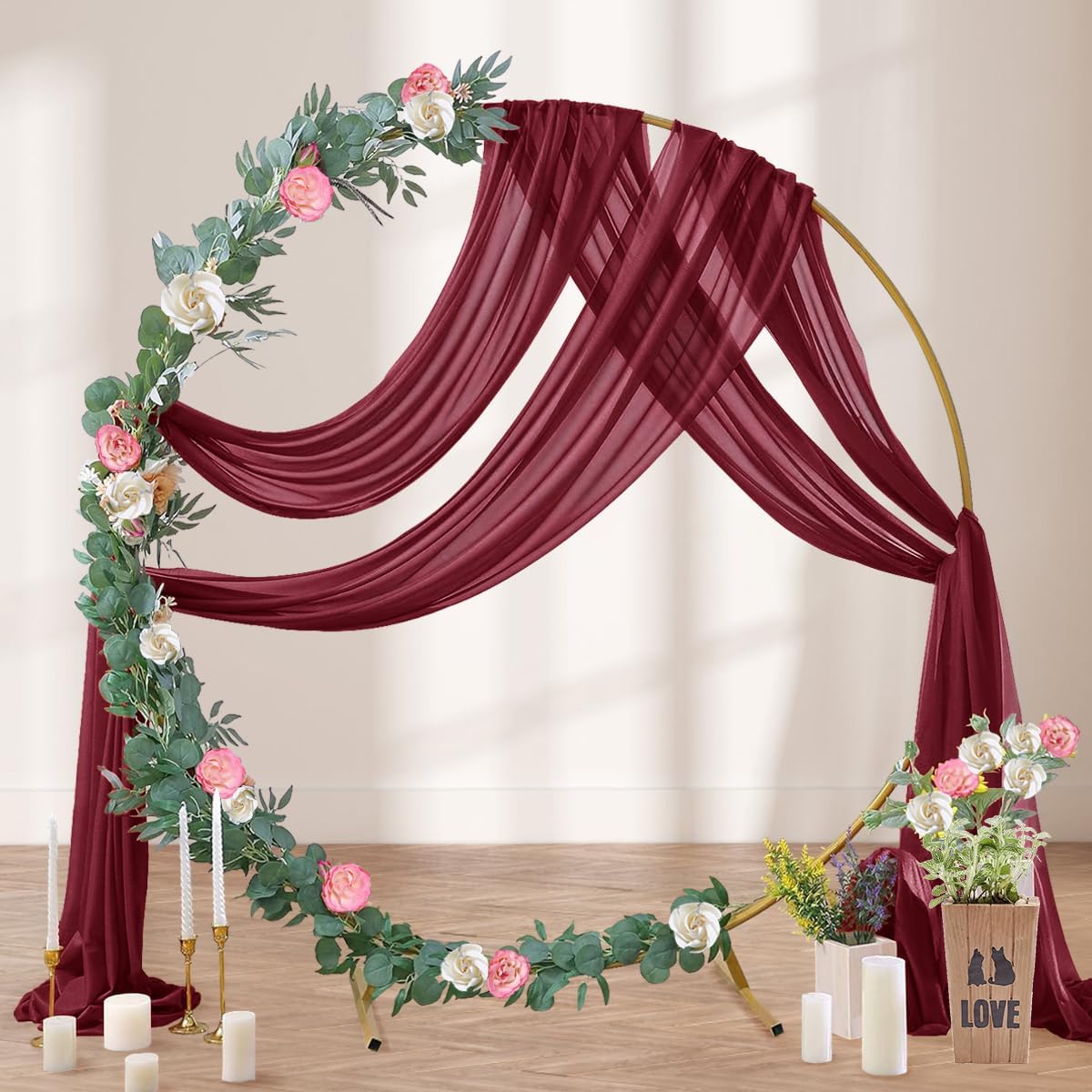 Burgundy Wedding Arch Draping Fabric 2 Panels 29" x 20 FT Red Drapes for Backdrop Sheer Curtains