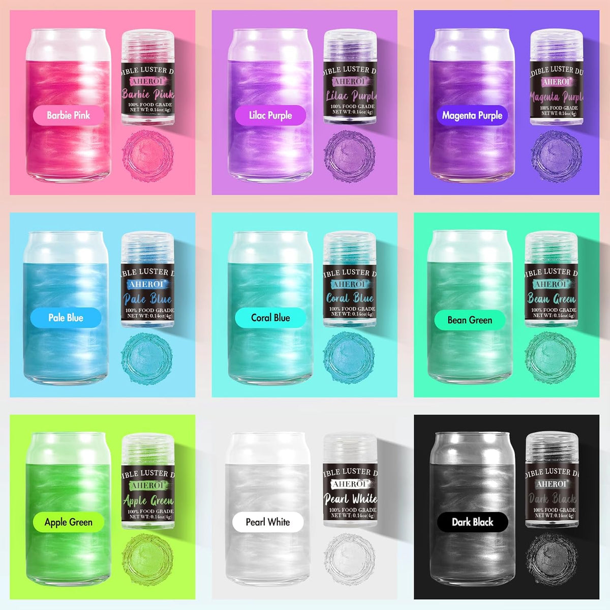 Aheroi Edible Glitter Set, 15 Colors Luster Dust Edible Set, Shimmering Glitter for Drinks Powder
