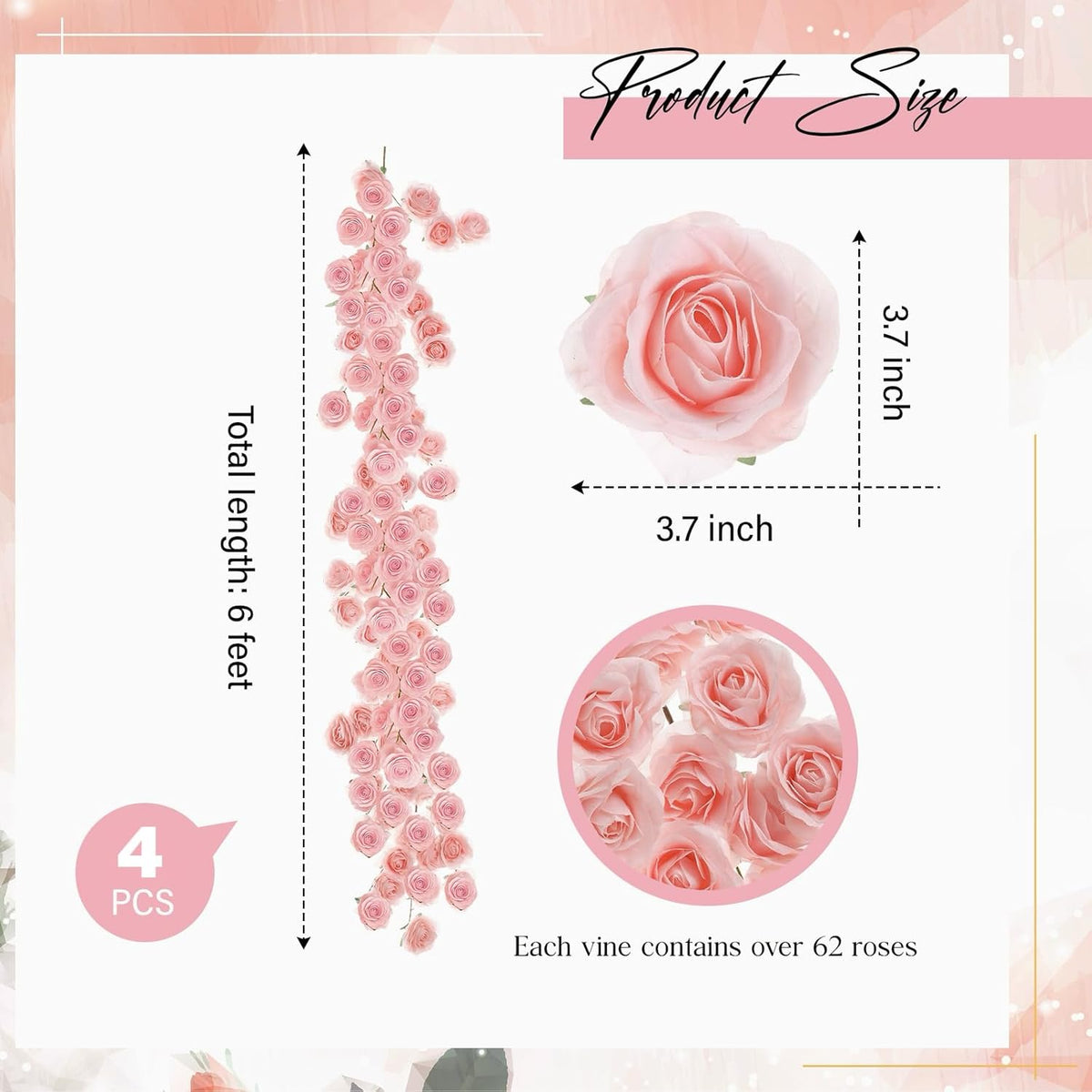 4 Pcs Pink Artificial Rose Vine Hanging Faux Flowers Garland for Wedding Anniversary Birthday Party