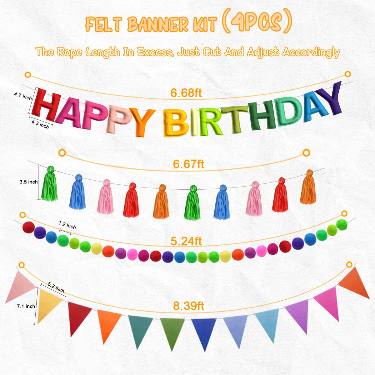 4PCS Pre-Strung Happy Birthday Banner - Felt Happy Birthday Garland, Ball Garland, Felt Pennant