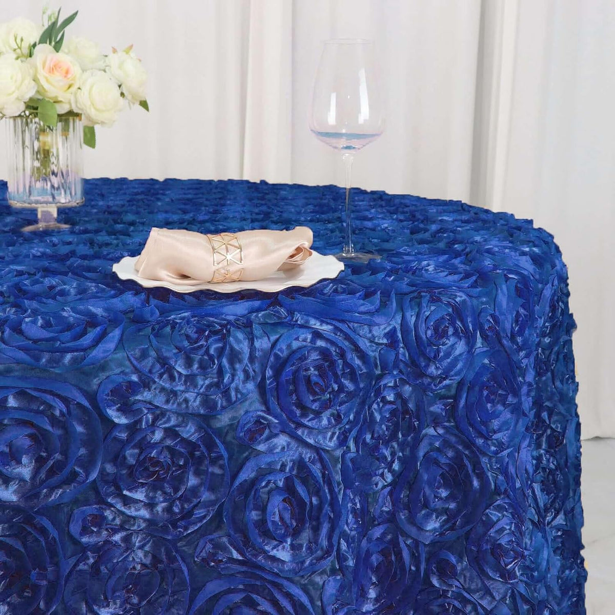 Efavormart 120" Wholesale Round Table Cover Royal Blue Grandiose Rosette 3D Satin Tablecloth for
