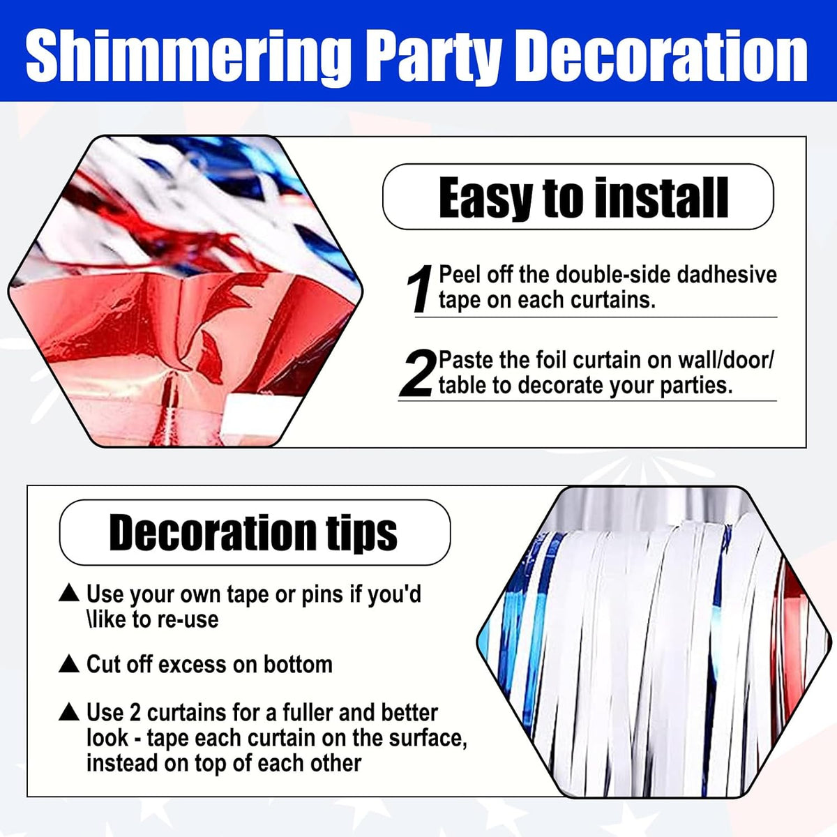 3 Pack White Blue Red Foil Fringe Curtain Backdrop, 3.28Ft x 8.2Ft Metallic Tinsel Foil Fringe