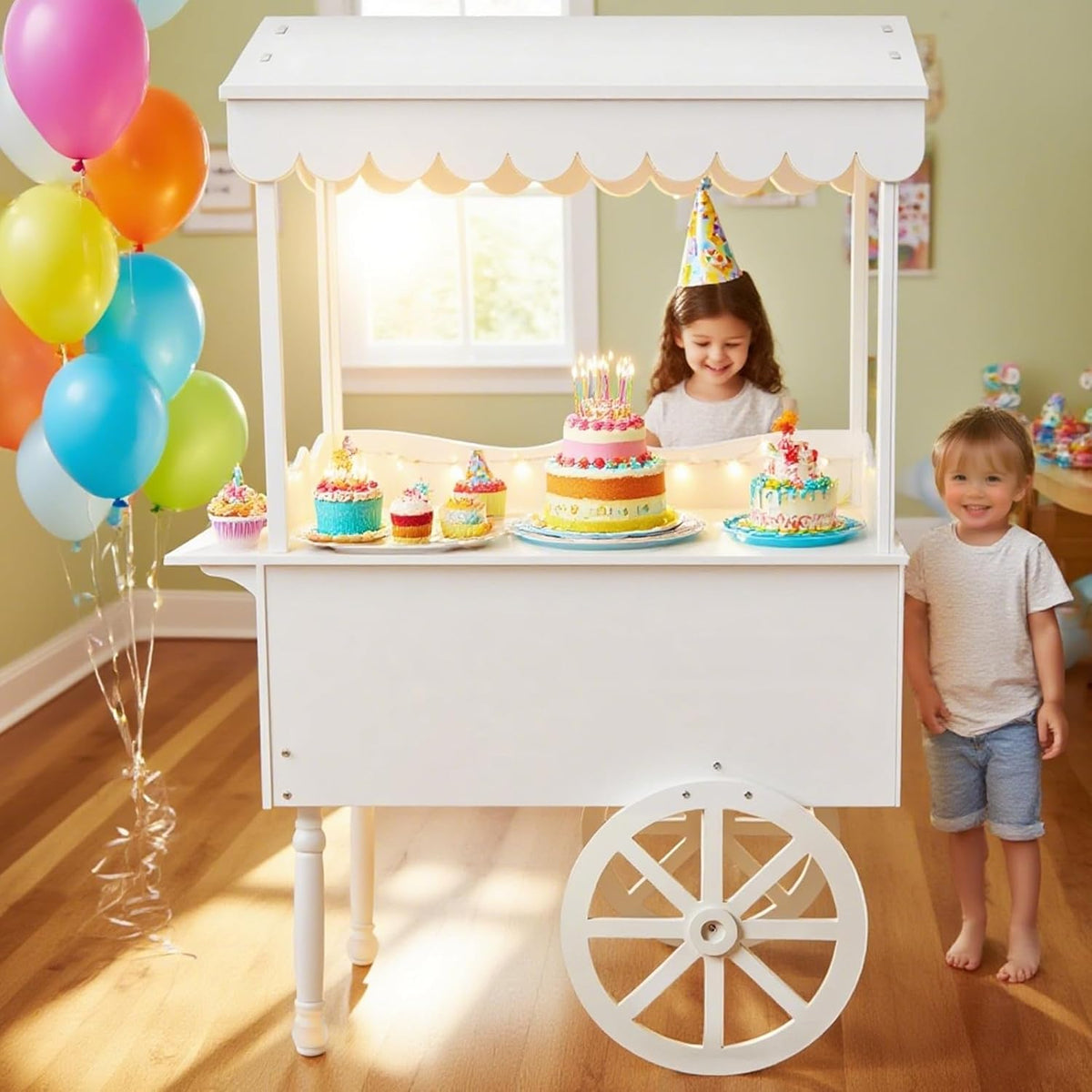 7FT Candy Cart Display Stand with Decorated Wheels, Dessert and Party Decoration Cart with 100