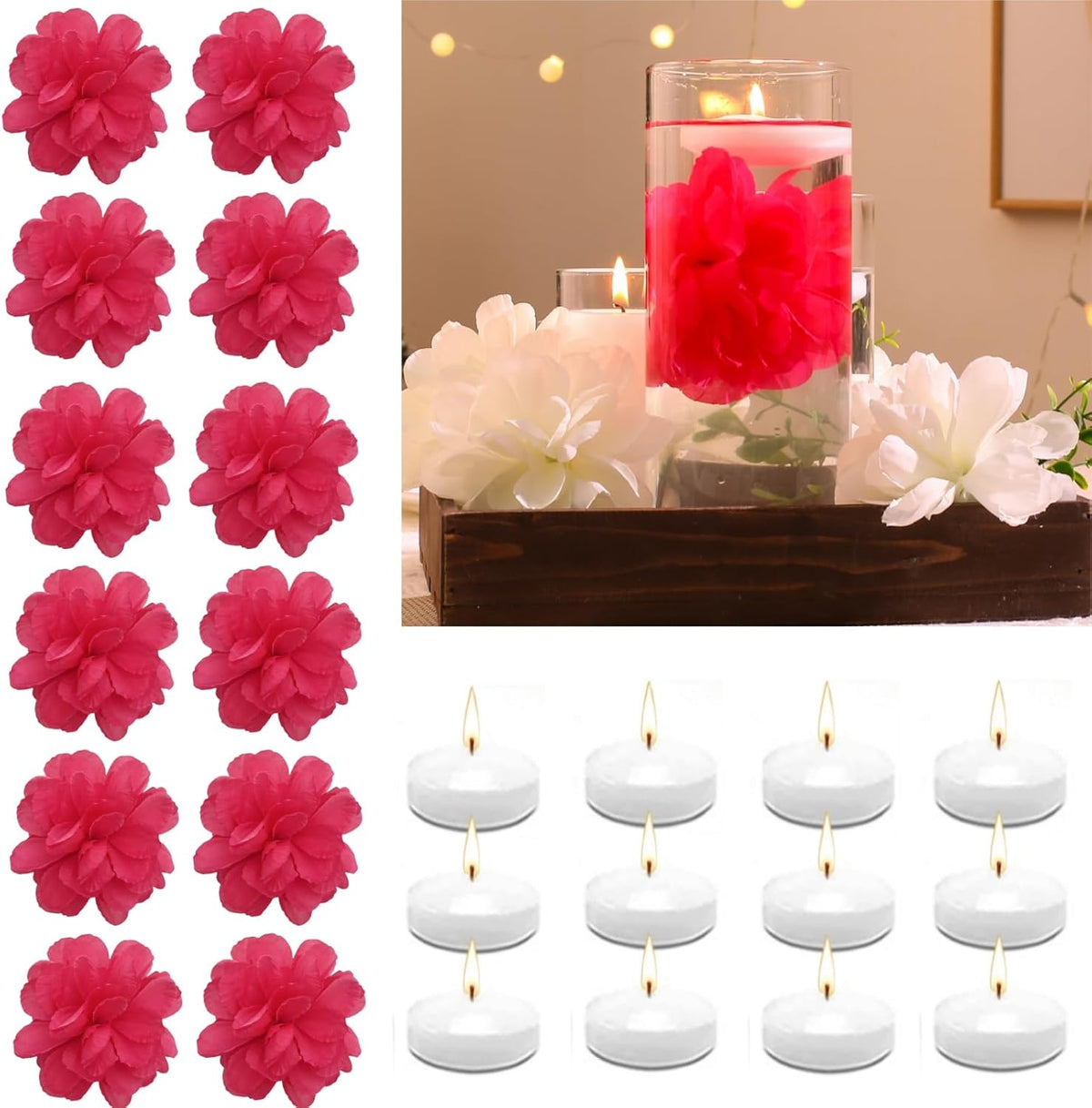 24 Pcs Floating Candles for Centerpieces and Floating Flowers Artificial Flowers Head Vase Filler