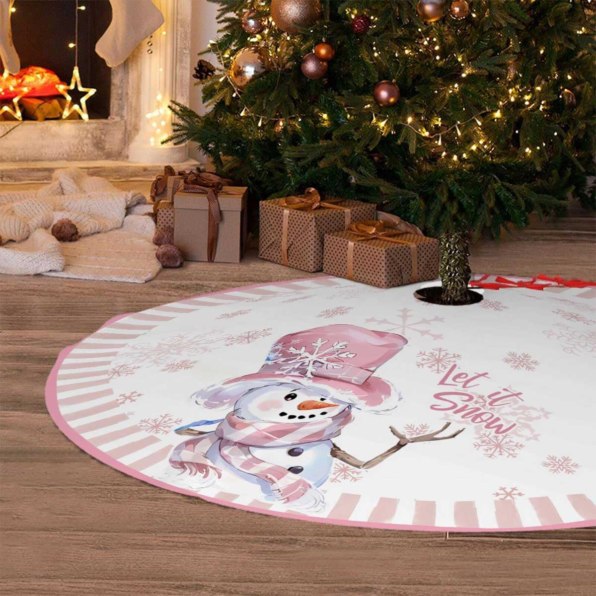 Let It Snow Snowman Christmas Tree Skirt 36 Inches, Pink Snowflake Tree Skirt, Winter Xmas Tree Mat