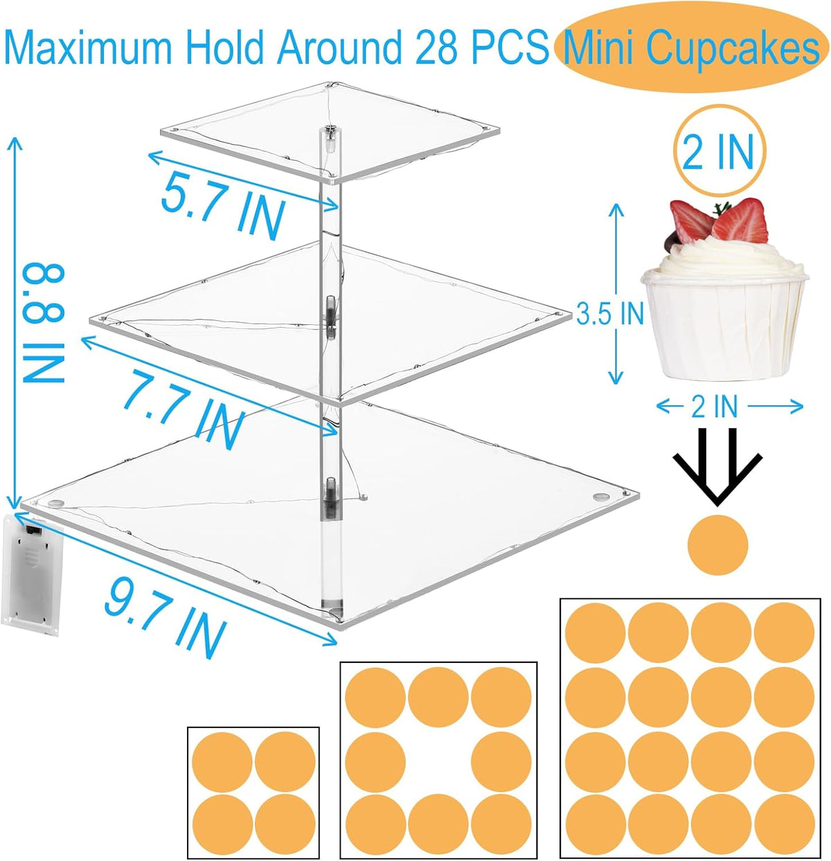 3 Tier Cupcake Stand Cupcake Holder, Acrylic Cupcake Tower with LED Yellow Light for 24 Cupcakes