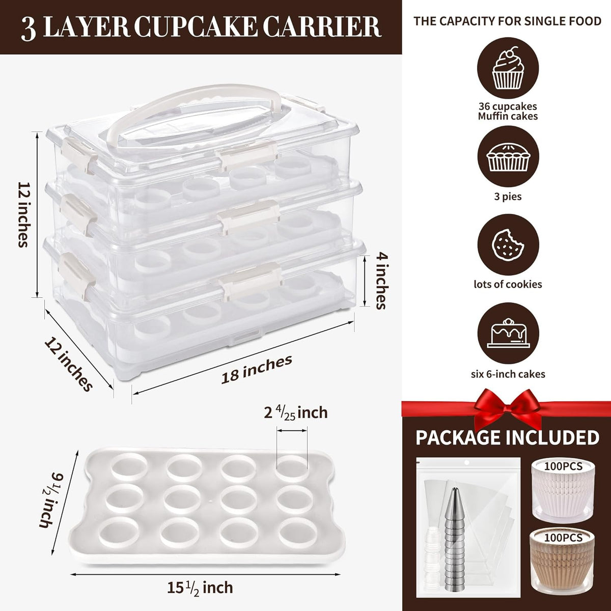 ARC 3-Tiers Cupcake Carrier (White) - Cupcake Holder and Cake Transport Container that Holds up to