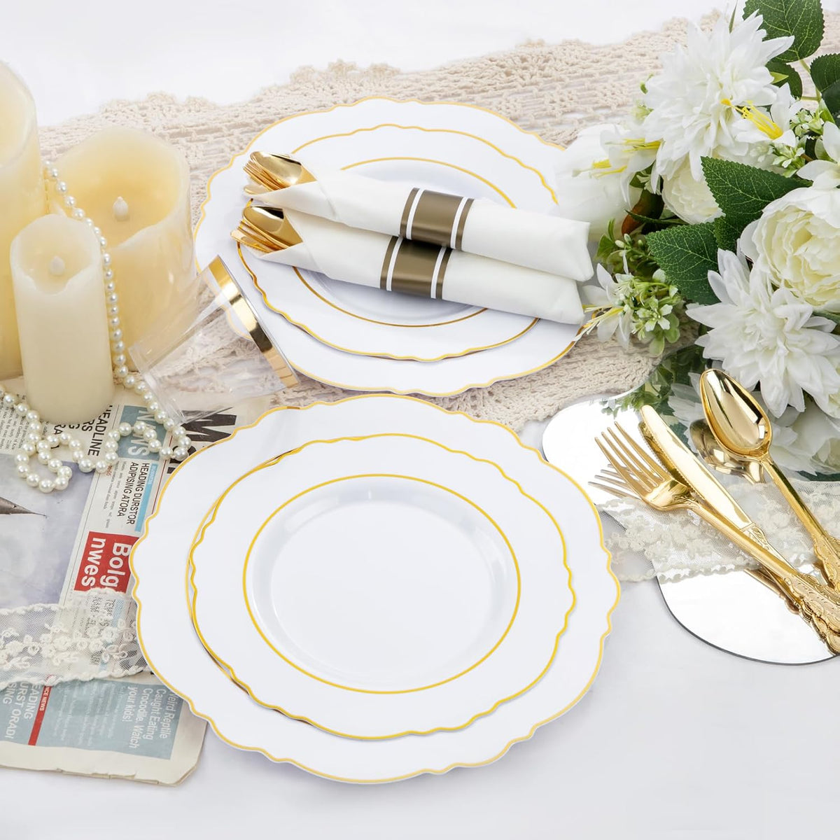 Liacere 350PCS Gold Plastic Plates-Disposable White and Gold Plates 50guest Baroque Plastic